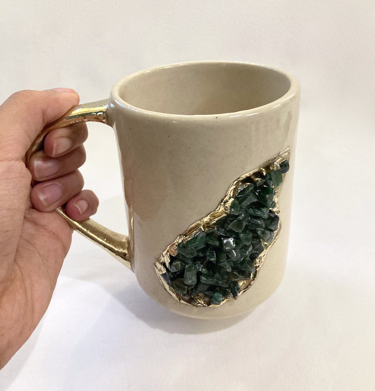 Set of 2 | Personalised Cream, Gold Ceramic Big Coffee/Tea/Juice/Beverage Mug, Dark Green Semi-precious Agate Crystal Gemstones| 12 oz/355ml