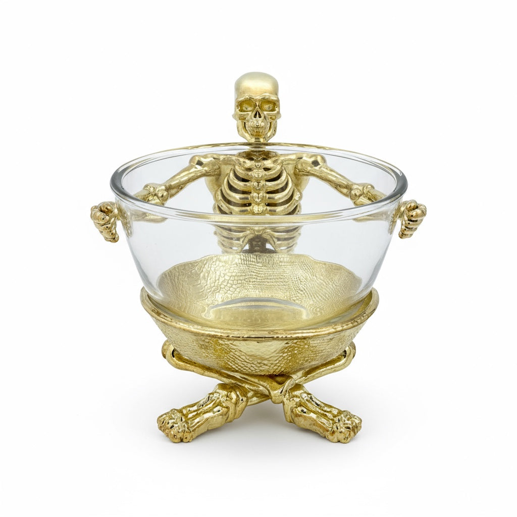 Skeleton Bowl with Glass Insert – Gothic Decorative Serveware | Gold, Silver or Antique Finish