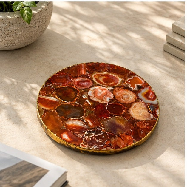 Round black and white agate lazy susan on a table