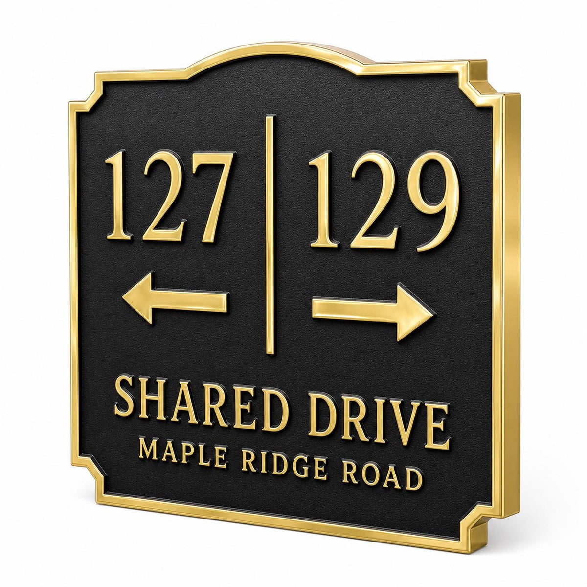 Shared Driveway plaque in antique brass, angled view showing the relief, outline and lettering