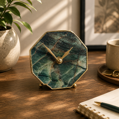 Octagon sage green agate desk clock with metal edge, India | The Tangerine Store