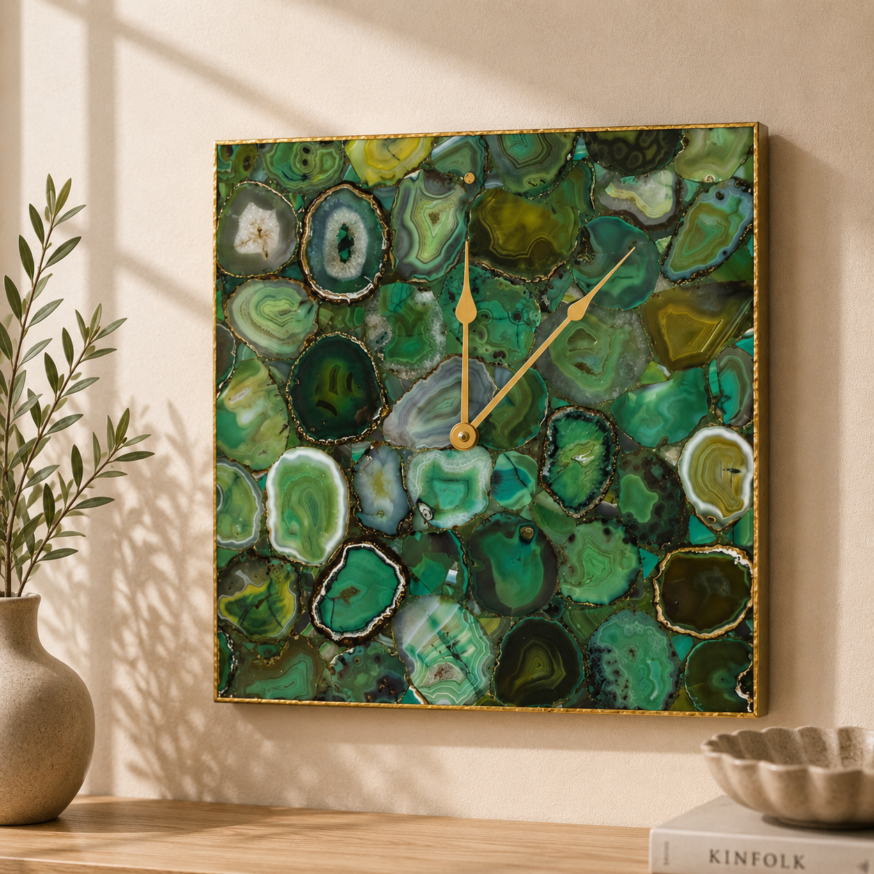 Light green agate square wall clock collection showing Gold, Silver and Rose Gold options in all sizes