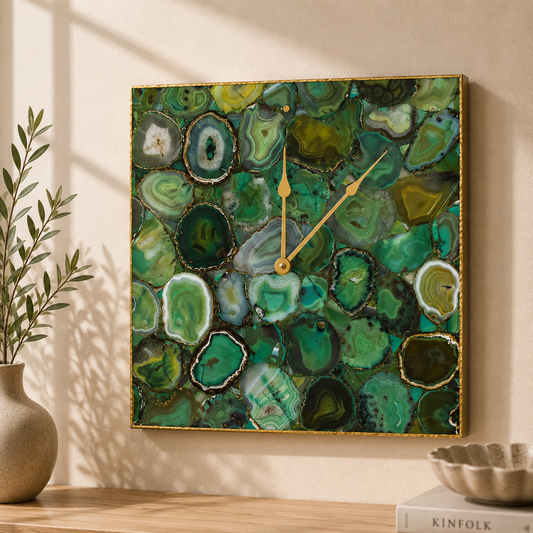 Light green agate square wall clock collection showing Gold, Silver and Rose Gold options in all sizes