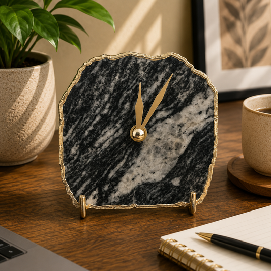 Black and white zebra agate desk clock with metal edge, India | The Tangerine Store