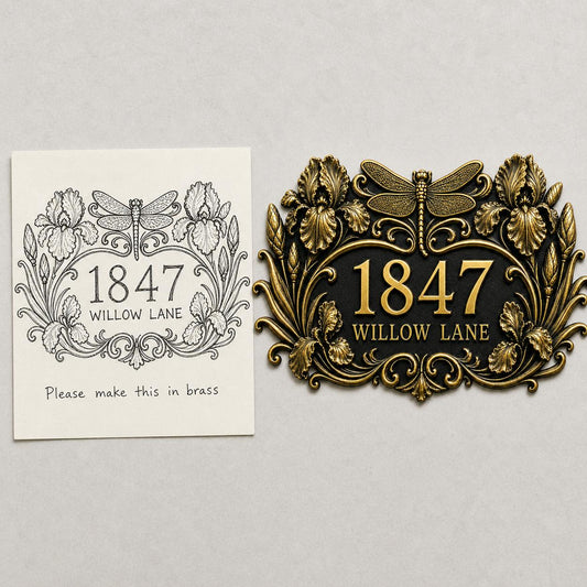 Dragonfly and Iris plaque in antique brass, design-reference composition with the pictured sketch or wording beside the finished plaque