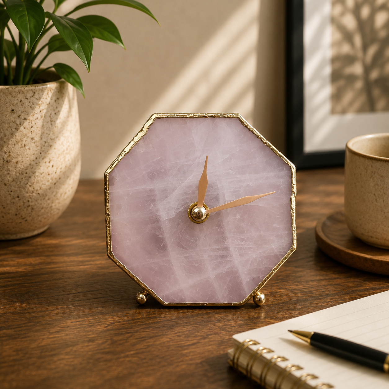Octagon rose quartz agate desk clock with metal edge, India | The Tangerine Store