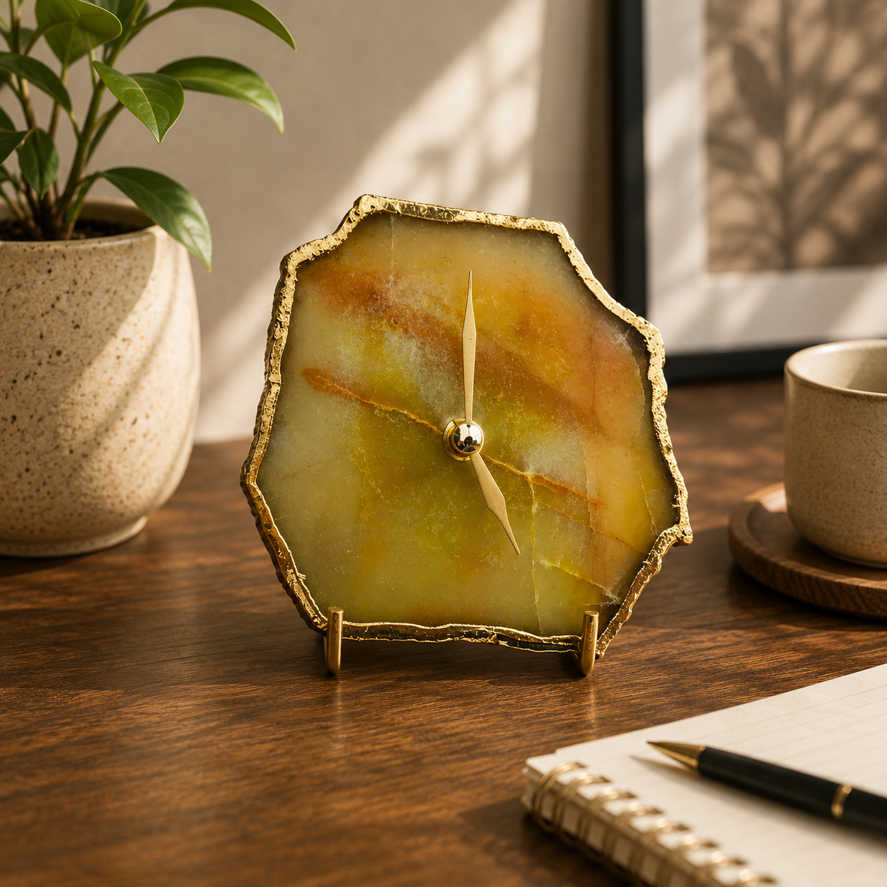 Mustard aventurine agate desk clock with metal edge, India | The Tangerine Store