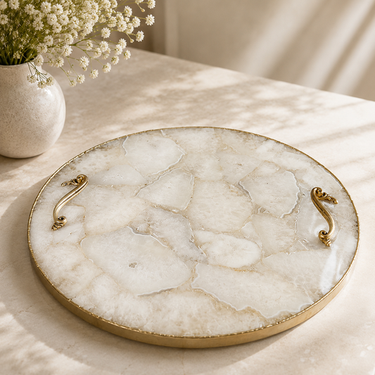 White agate round tray — ornate brass handles, rose gold finish, India