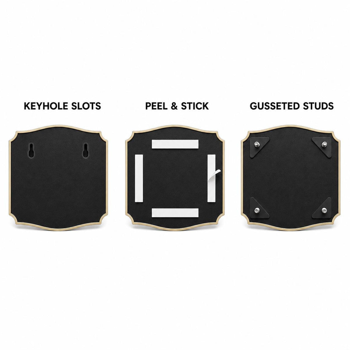 Mounting diagram for the Mountain Ridge plaque comparing keyhole slots, peel-and-stick tape and gusseted studs