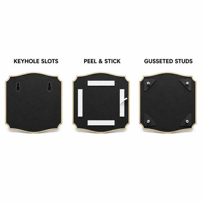 Mounting diagram for the Mountain Ridge plaque comparing keyhole slots, peel-and-stick tape and gusseted studs