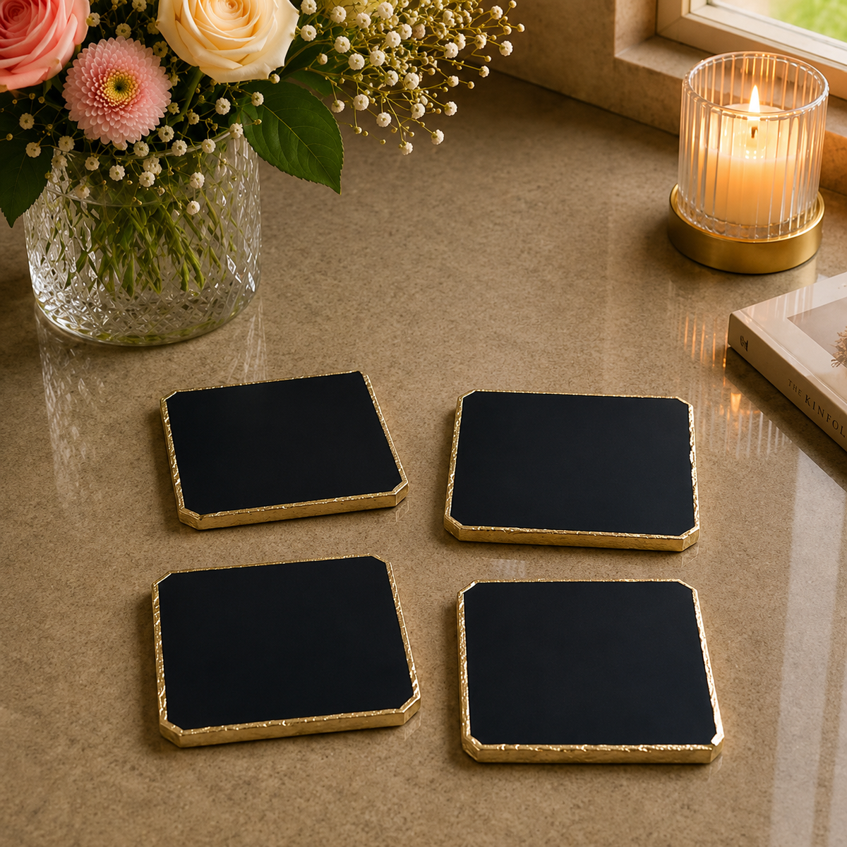 Black agate organic edge coasters, set of 4 in natural stone with an electroformed metal edge