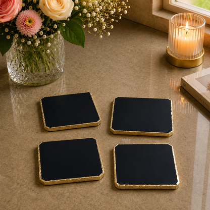 Black agate organic edge coasters, set of 4 in natural stone with an electroformed metal edge