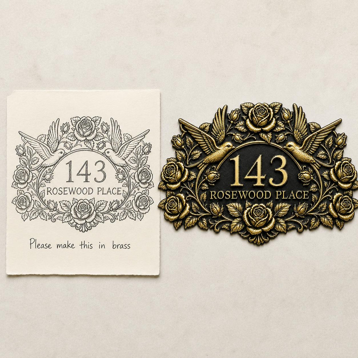 Roses and Hummingbirds plaque in antique brass, design-reference composition with the pictured sketch or wording beside the finished plaque