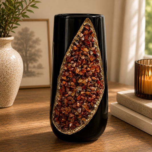 Black Ceramic Teardrop Vase Set with Crystal Inlay