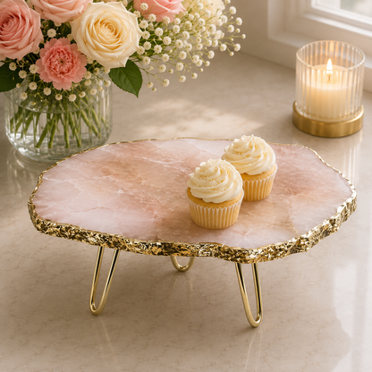 Rose Quartz Cake Stand — finish options, gold, silver, rose gold