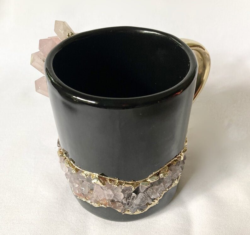 Set of 2 |Black and Gold Ceramic Big Coffee/Tea/Juice/Beverage Mug with Rose Quartz Semi-precious Agate Crystal | 12 oz/355 ml