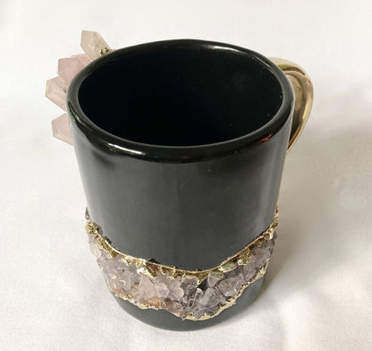 Set of 2 |Black and Gold Ceramic Big Coffee/Tea/Juice/Beverage Mug with Rose Quartz Semi-precious Agate Crystal | 12 oz/355 ml