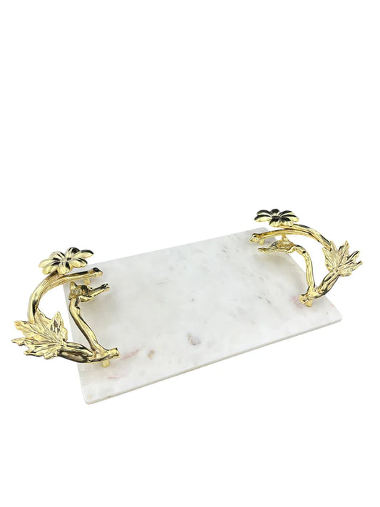 White Marble Tray with Gilded Floral Handles | Decorative Serveware | Decorative Tray