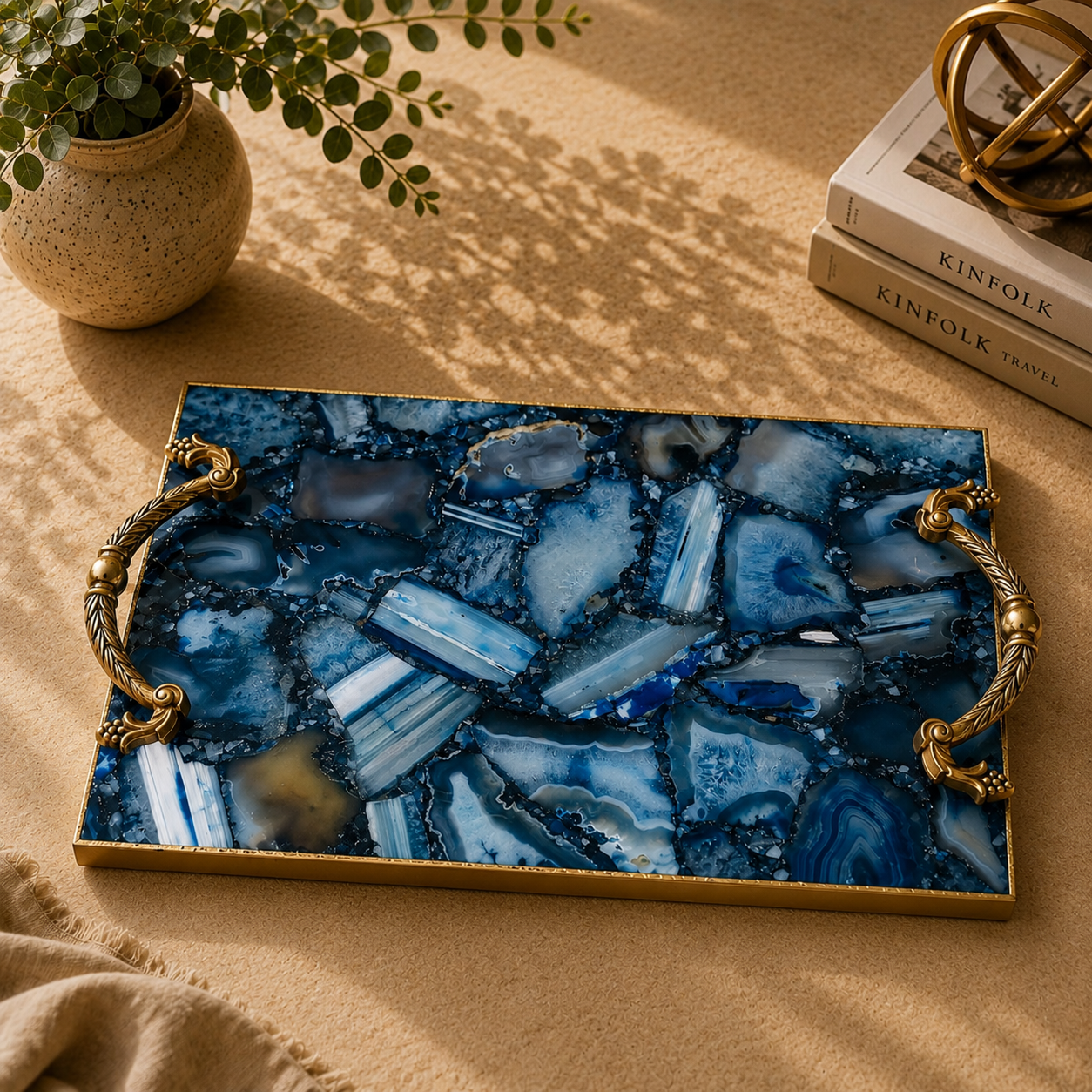 Blue Agate Rectangular Tray with Rope brass handles – deep navy mosaic agate, gold frame, India