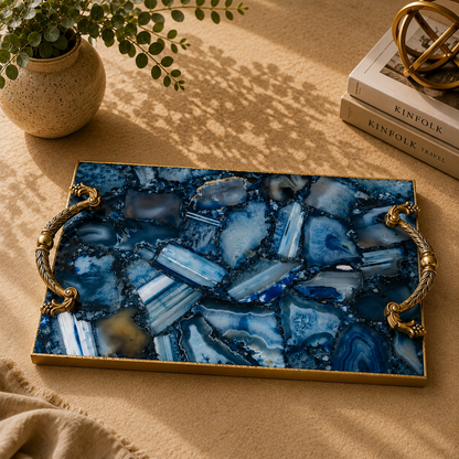 Blue Agate Rectangular Tray with Rope brass handles – deep navy mosaic agate, gold frame, India