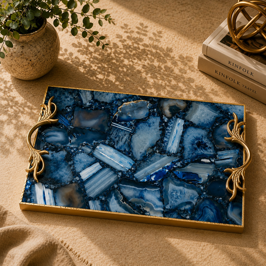 Blue Agate Rectangular Tray with Botanical Leaf brass handles – deep navy mosaic agate, gold frame, India