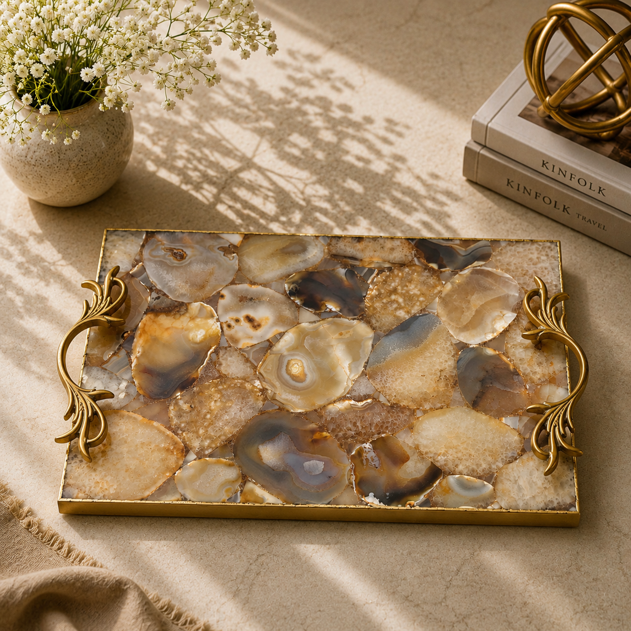 Golden Brown Agate Rectangular Tray with Botanical Leaf brass handles – warm amber mosaic agate, gold frame, India