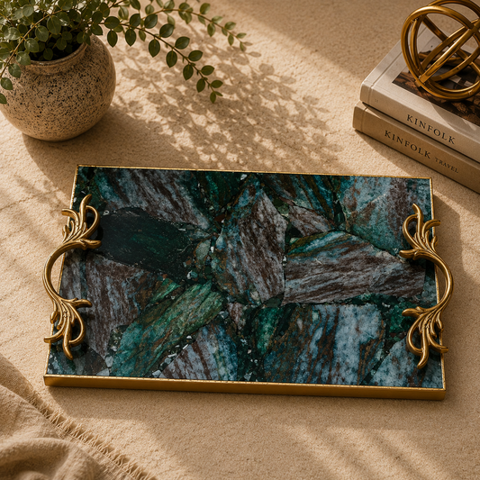Green Aventurine Rectangular Tray with Botanical Leaf brass handles – deep teal-green stone, gold finish, styled India