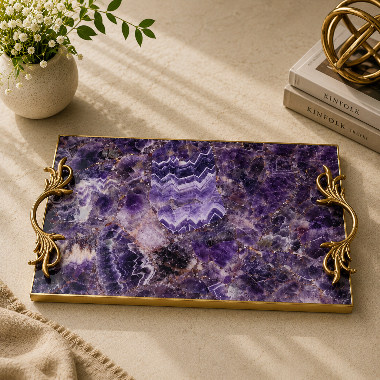 Amethyst Rectangular Tray with Botanical Leaf brass handles – vivid purple stone with chevron banding, styled India