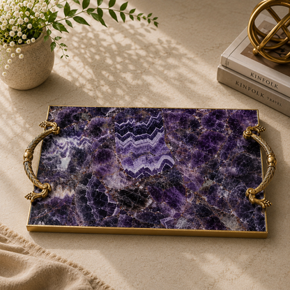Amethyst Rectangular Tray with Royal Arch brass handles – styled with books, vivid purple amethyst, gold finish, India
