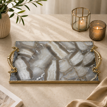 Wild Agate Rectangular Tray with Botanical Leaf brass handles – natural grey agate, styled with candles, India