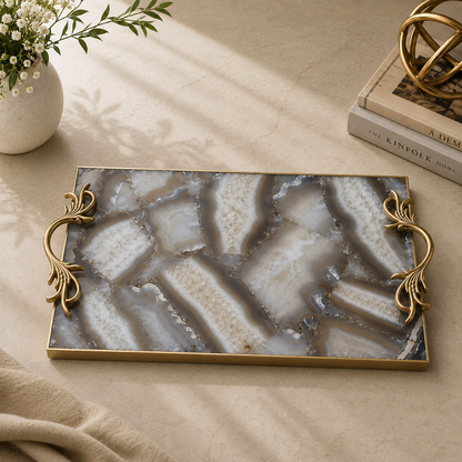 Wild Agate Rectangular Tray with Botanical Leaf brass handles – styled top view, diagonal grey banded agate, India