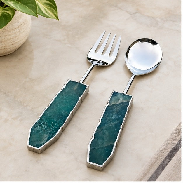 Green Agate Salad Server – Silver Finish – Set of 2