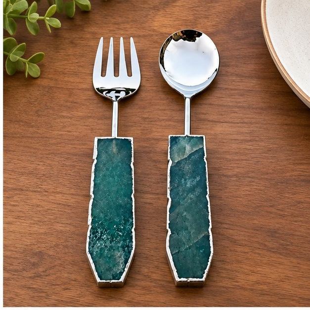 Green Agate Salad Server – Silver Finish – Set of 2