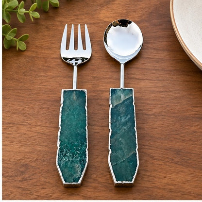 Green Agate Salad Server – Silver Finish – Set of 2