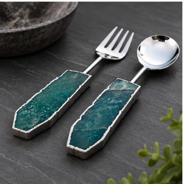 Green Agate Salad Server – Silver Finish – Set of 2