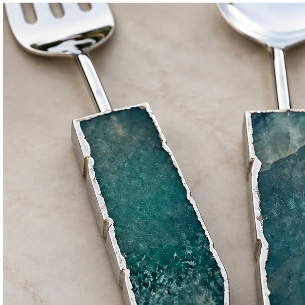 Green Agate Salad Server – Silver Finish – Set of 2