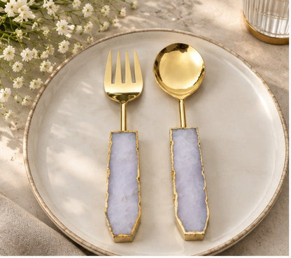 Rose Quartz Salad Server – Gold Finish – Set of 2