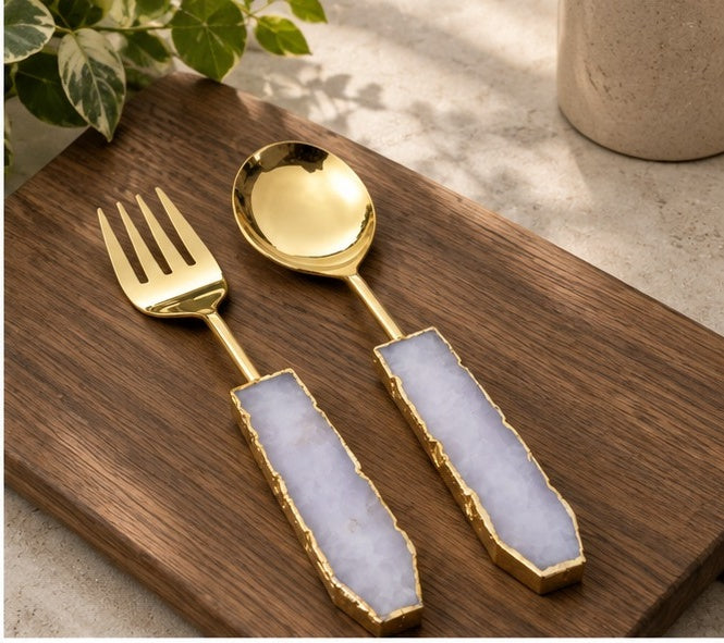 Rose Quartz Salad Server – Gold Finish – Set of 2