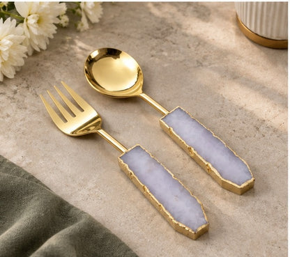 Rose Quartz Salad Server – Gold Finish – Set of 2