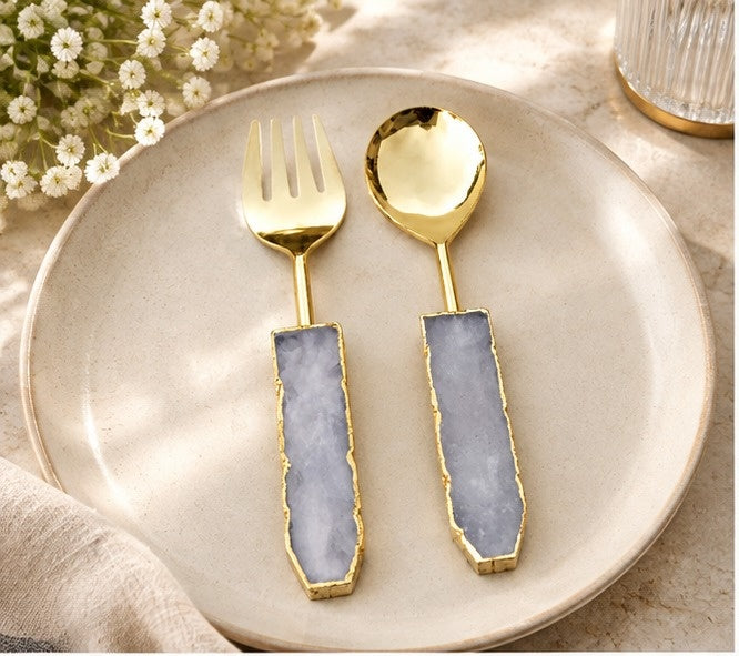 Rose Quartz Salad Server – Gold Finish – Set of 2