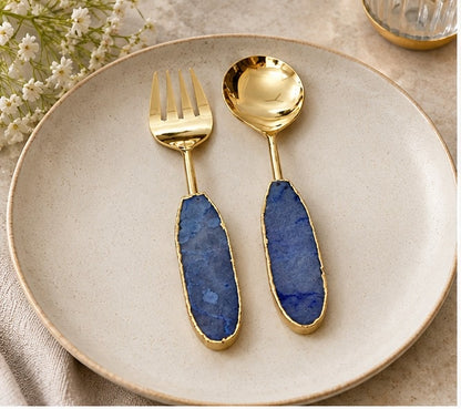 Light Ink Blue Agate Salad Server – Silver Finish – Set of 2