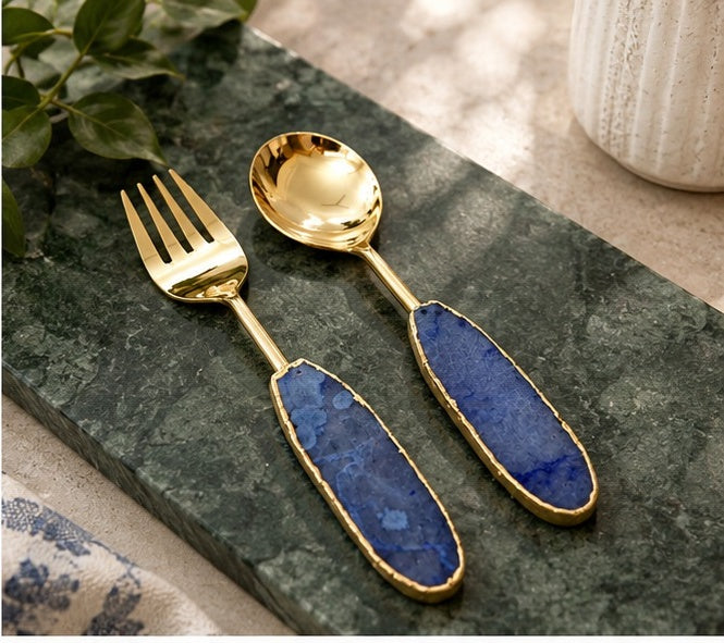 Light Ink Blue Agate Salad Server – Silver Finish – Set of 2