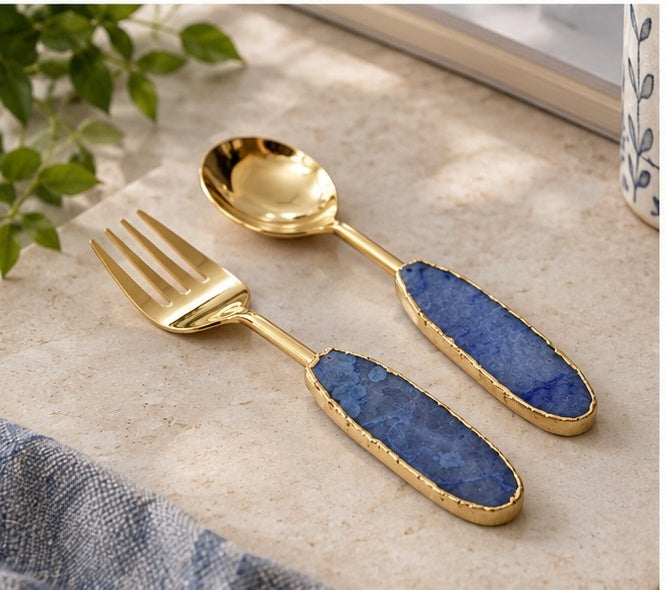 Light Ink Blue Agate Salad Server – Silver Finish – Set of 2