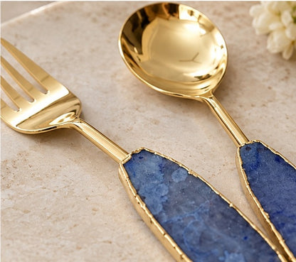 Light Ink Blue Agate Salad Server – Silver Finish – Set of 2