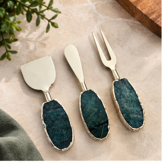 Green Agate Oval Cheese Knife Set