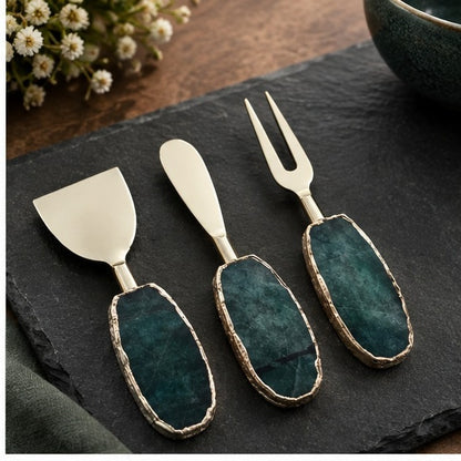 Green Agate Oval Cheese Knife Set