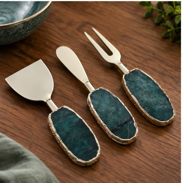 Green Agate Oval Cheese Knife Set