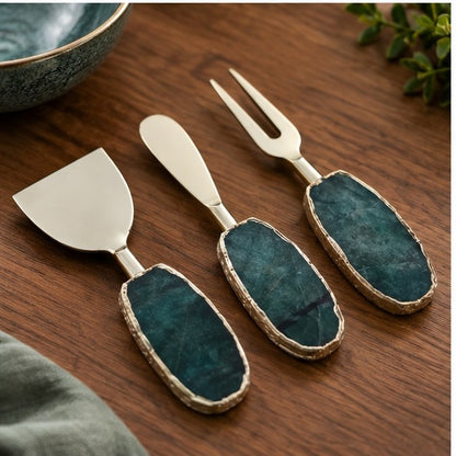 Green Agate Oval Cheese Knife Set