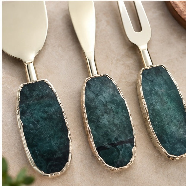 Green Agate Oval Cheese Knife Set