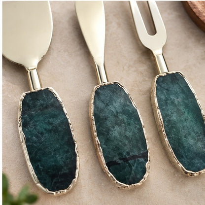 Green Agate Oval Cheese Knife Set
